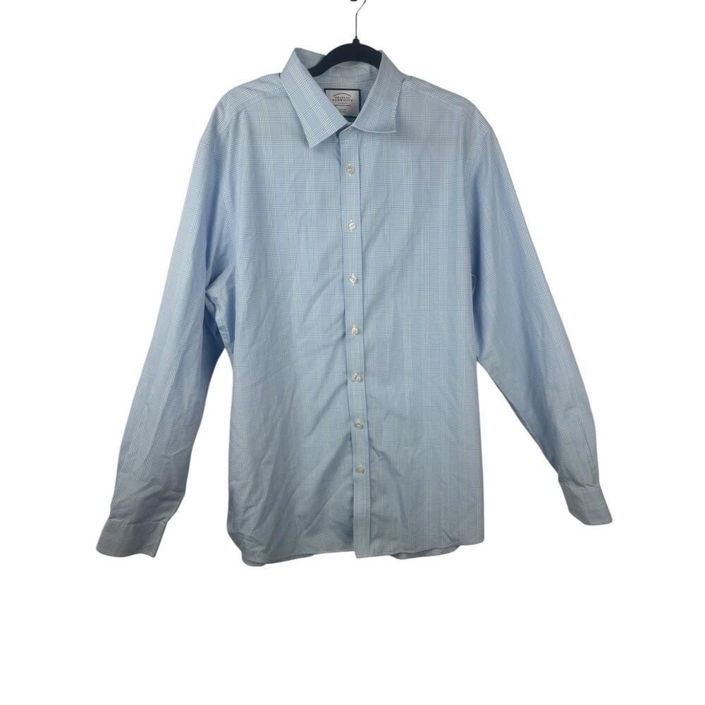 Charles‎ Tyrwhitt Dress Shirt 17.5/38 Slim Fit Non Iron Blue White Plaid
